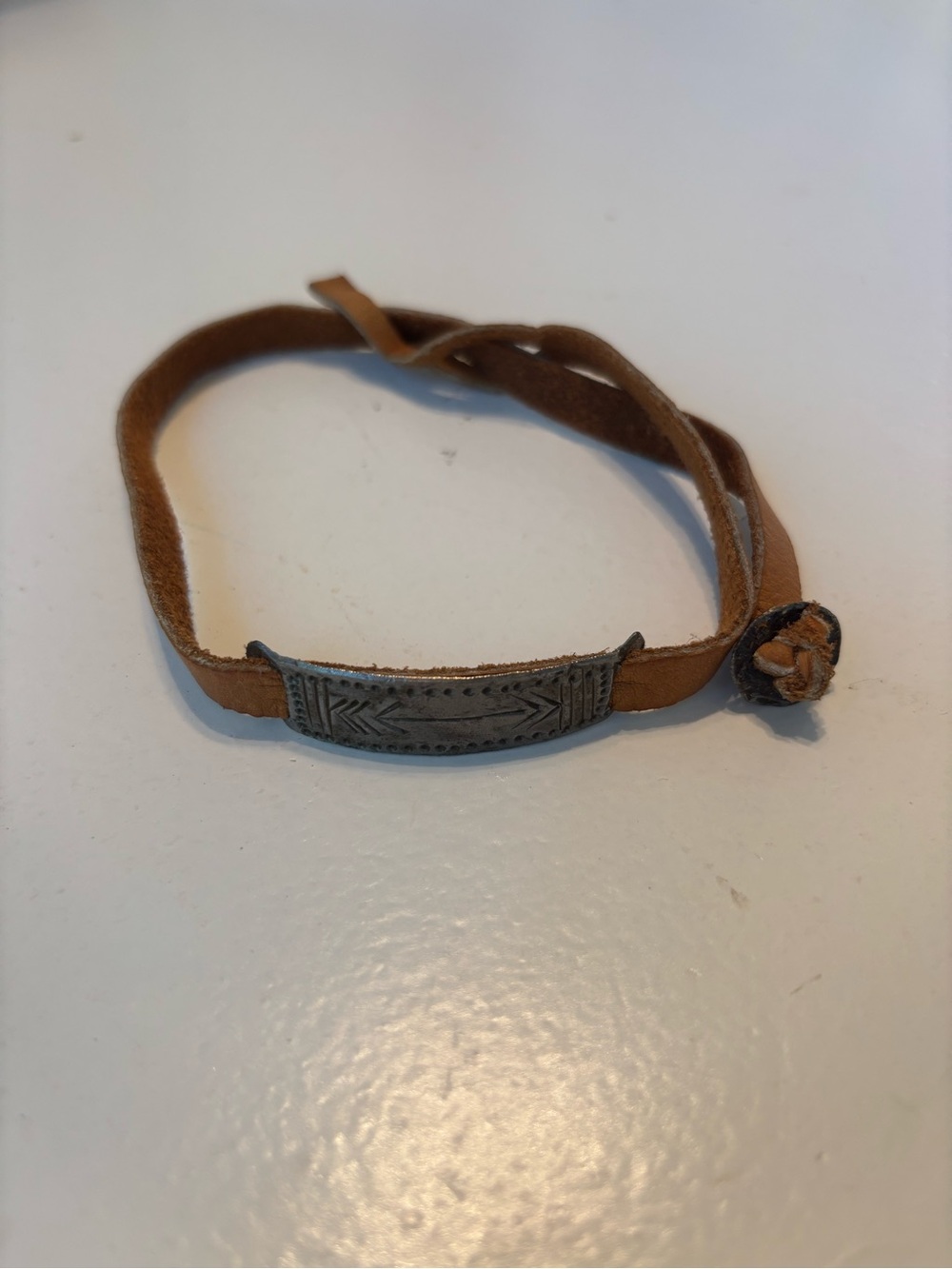 Noonday Collection Tan Leather Wrap Bracelet with Etched Metal Plate